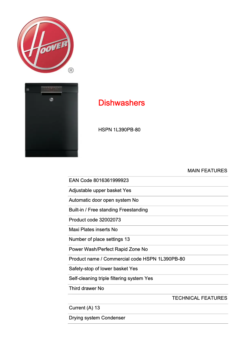 Page n°1 - Fiche technique Hoover HSPN 1L390PB-80