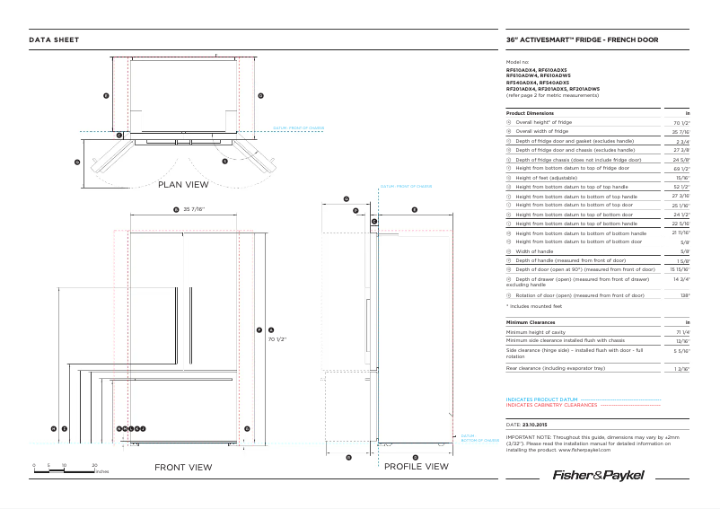 Page 1 de la notice Fiche technique Fisher & Paykel RF610ADX5