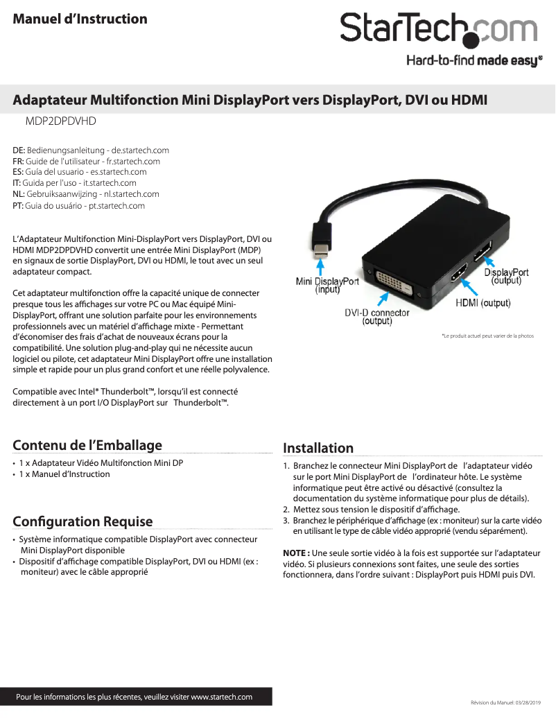 Page 1 de la notice Manuel utilisateur StarTech.com MDP2DPDVHD