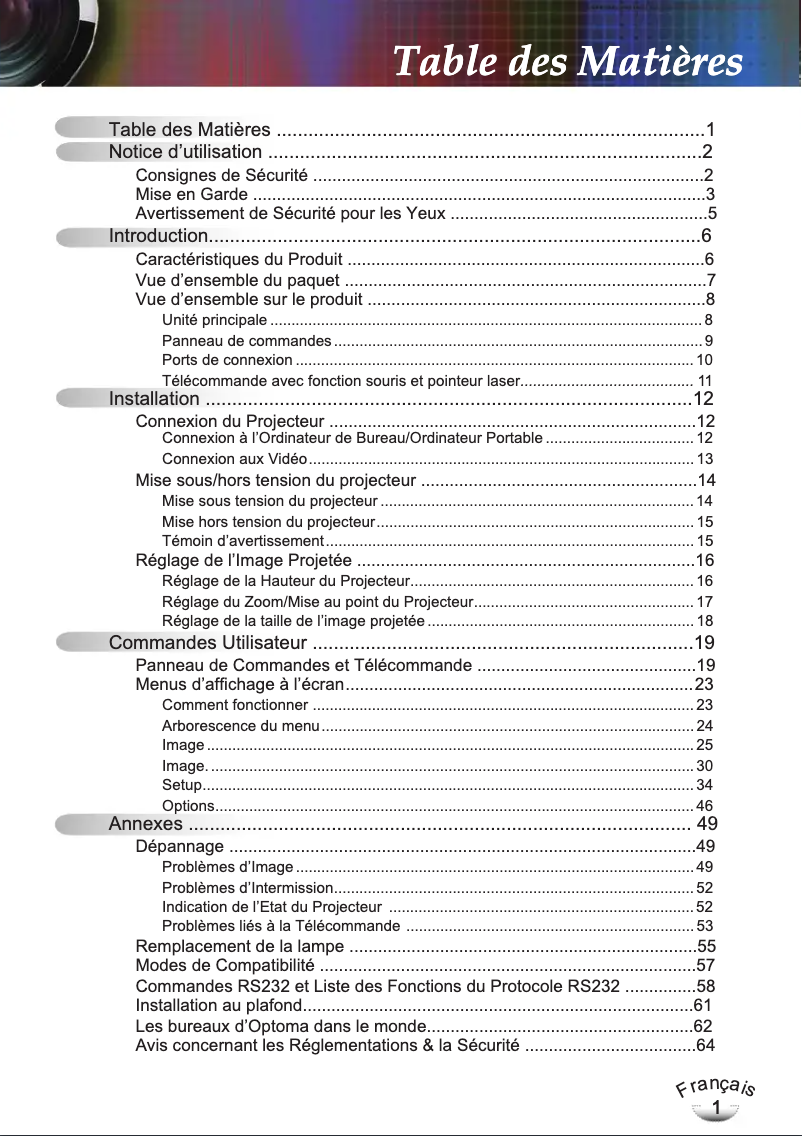 Page 1 de la notice Manuel utilisateur Optoma EP783S