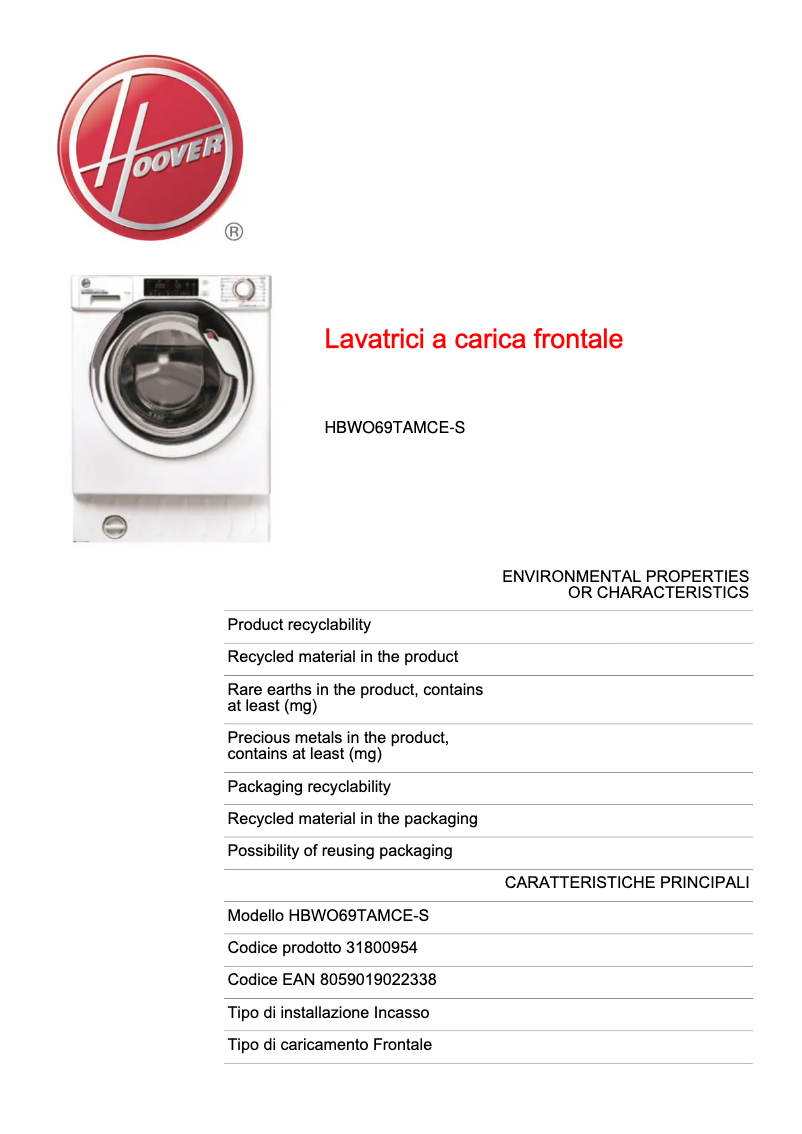 Page 1 de la notice Fiche technique Hoover HBWO69TAMCE-S