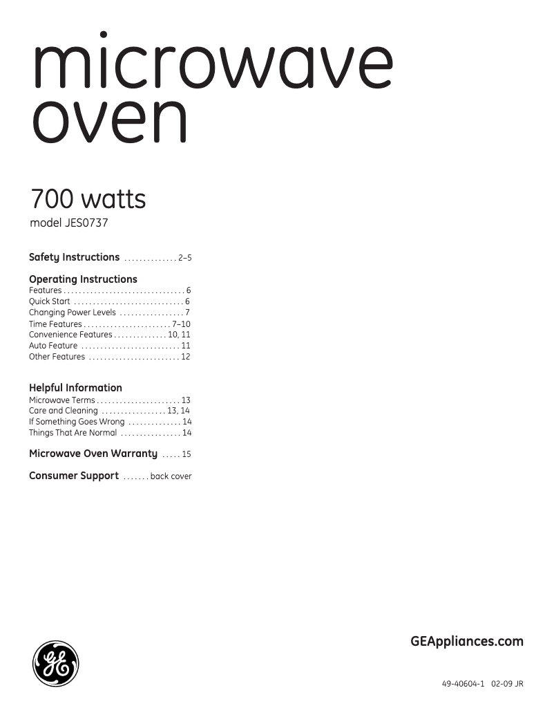 Page n°1 - Manuel d'utilisation et d'entretien GE JES0737DNWW