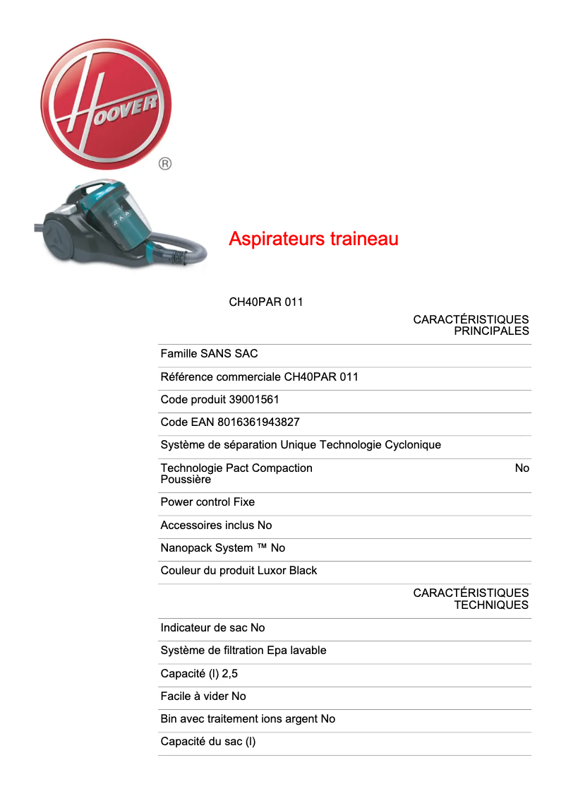 Page 1 de la notice Fiche technique Hoover CH40PAR 011