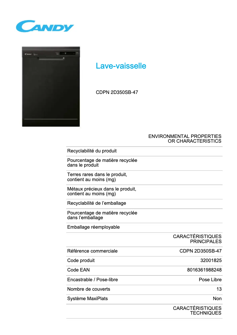 Page 1 de la notice Fiche technique Candy CDPN 2D350SB-47