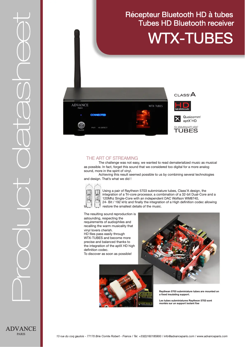 Page 1 de la notice Fiche technique Advance WTX-Tubes