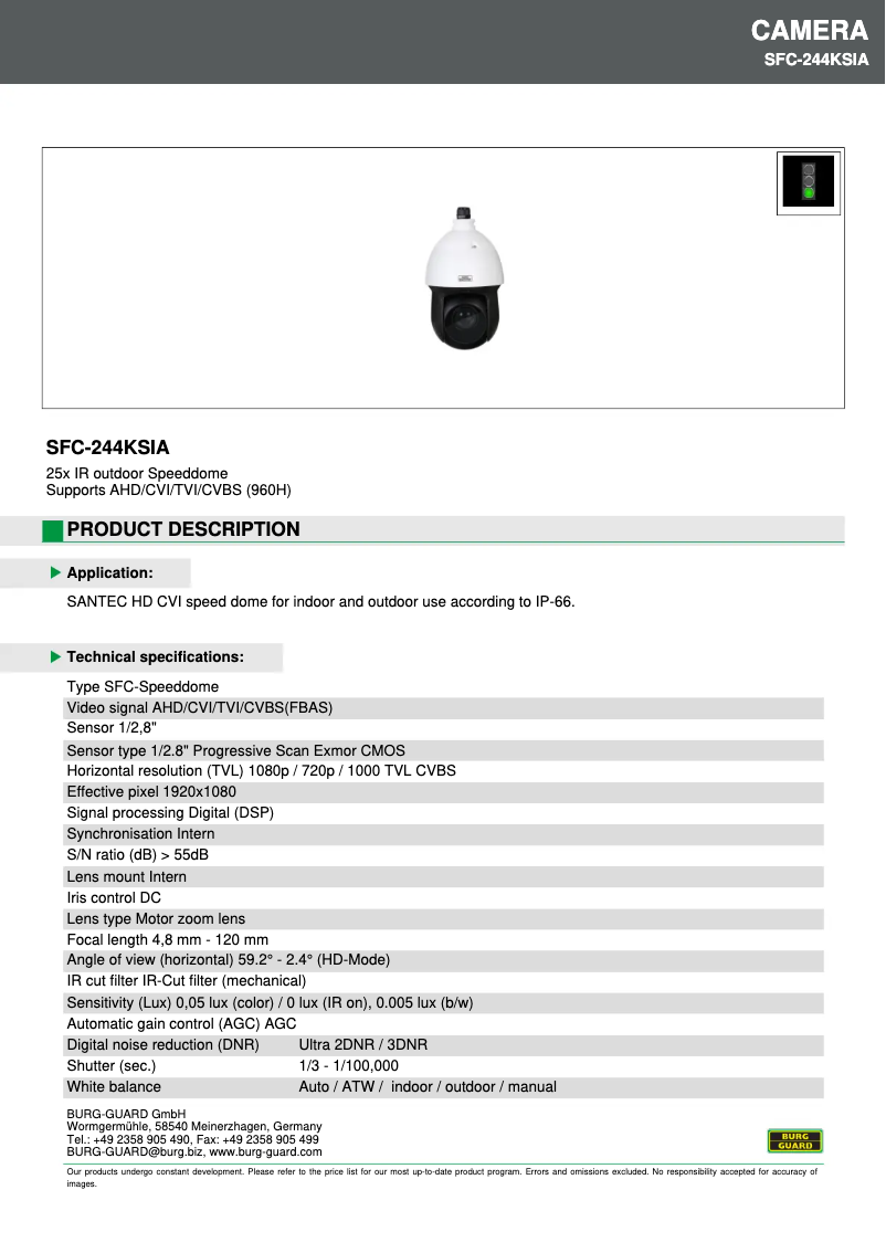 Page 1 de la notice Fiche technique Burg Wächter SFC-244KSIA