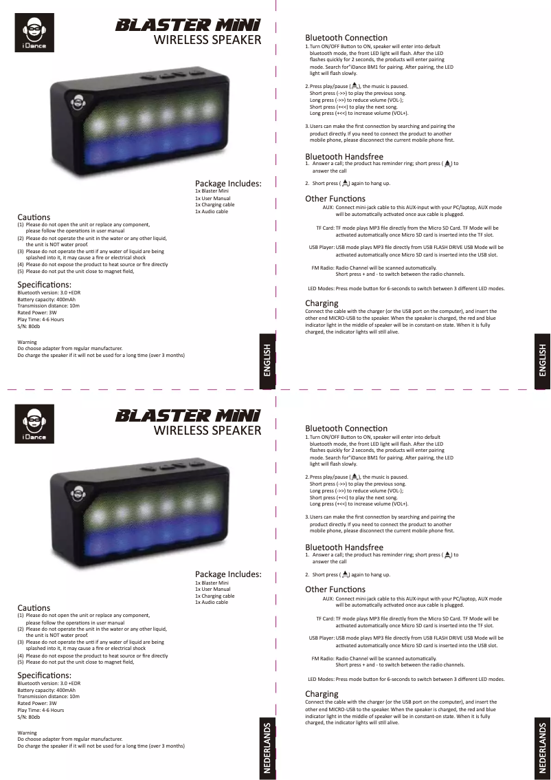 Page n°1 - Manuel utilisateur iDance Mini Blaster BM-1