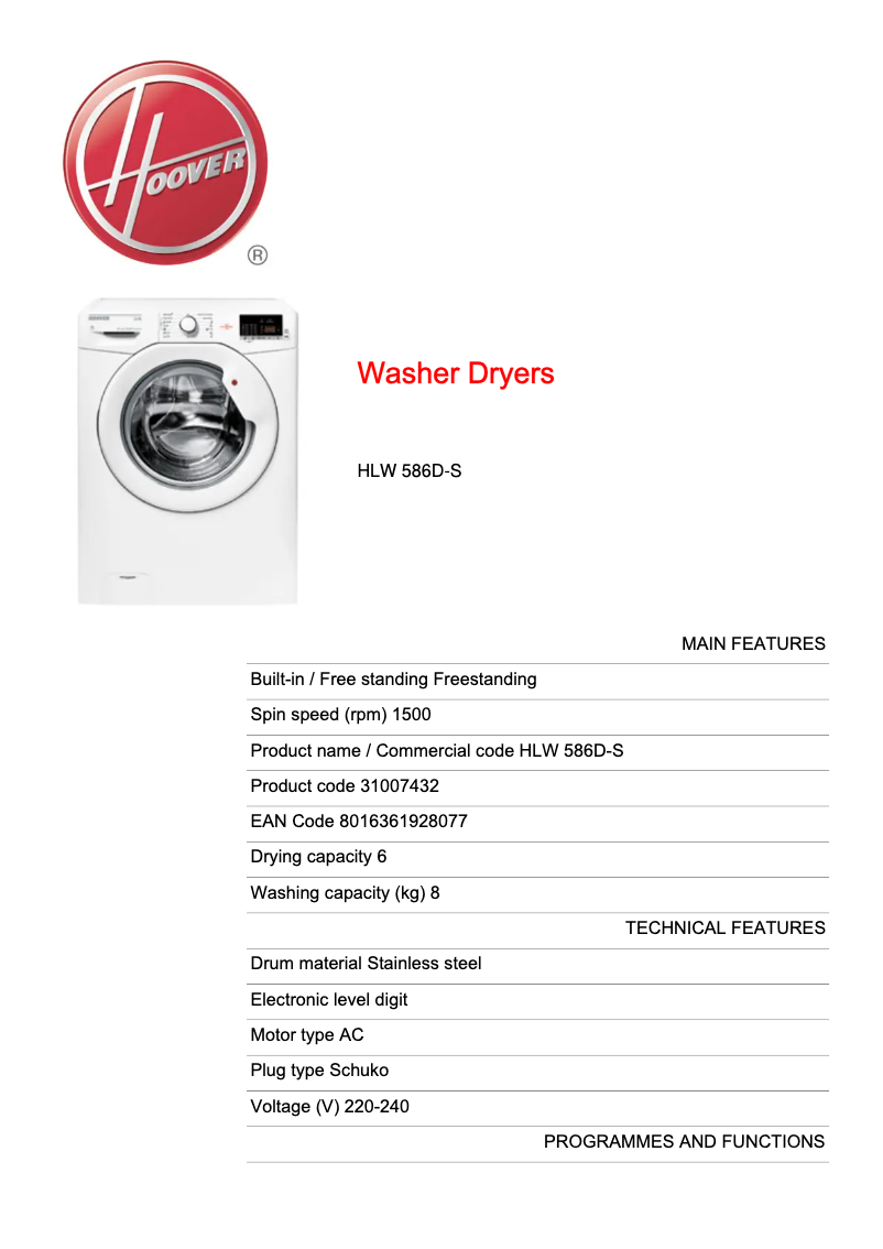 Page n°1 - Fiche technique Hoover HLW 586D-S