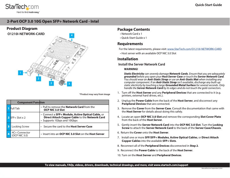 Page 1 de la notice Manuel utilisateur StarTech.com O1210I-NETWORK-CARD