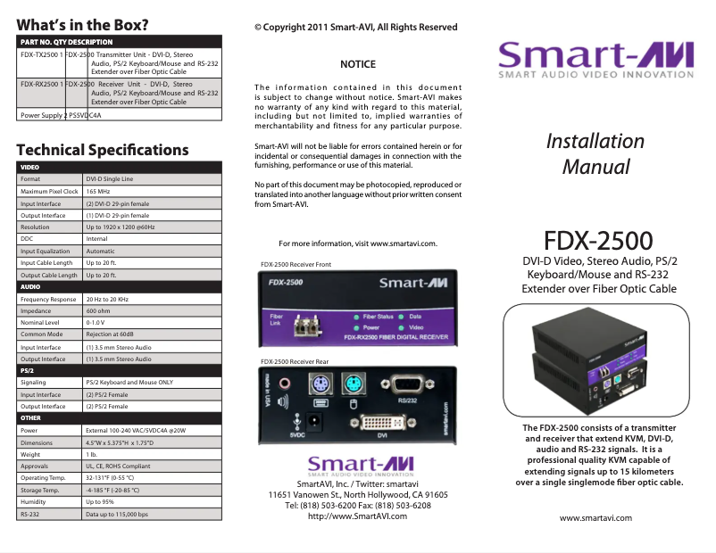 Page 1 de la notice Manuel utilisateur Smart-AVI FDX-TX2500S