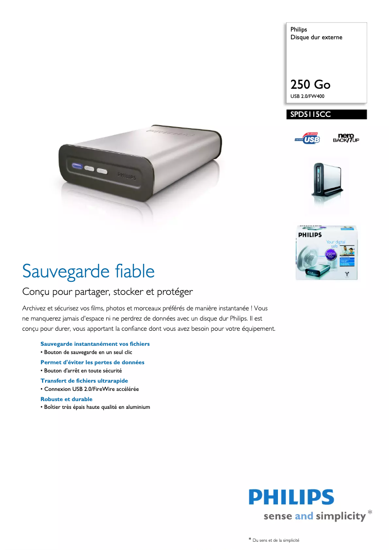 Page 1 de la notice Fiche technique Philips SPD5115CC