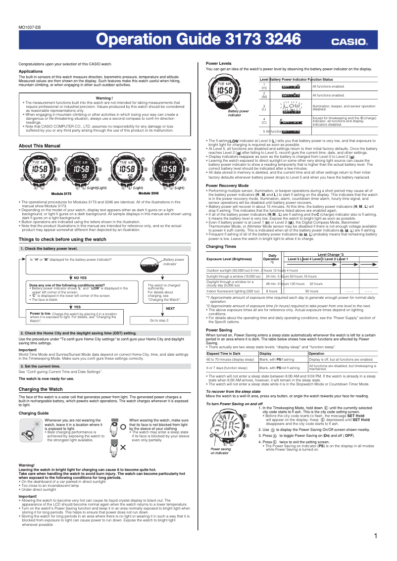 Page 1 de la notice Manuel utilisateur Casio Pro Trek PRG-240-1BER