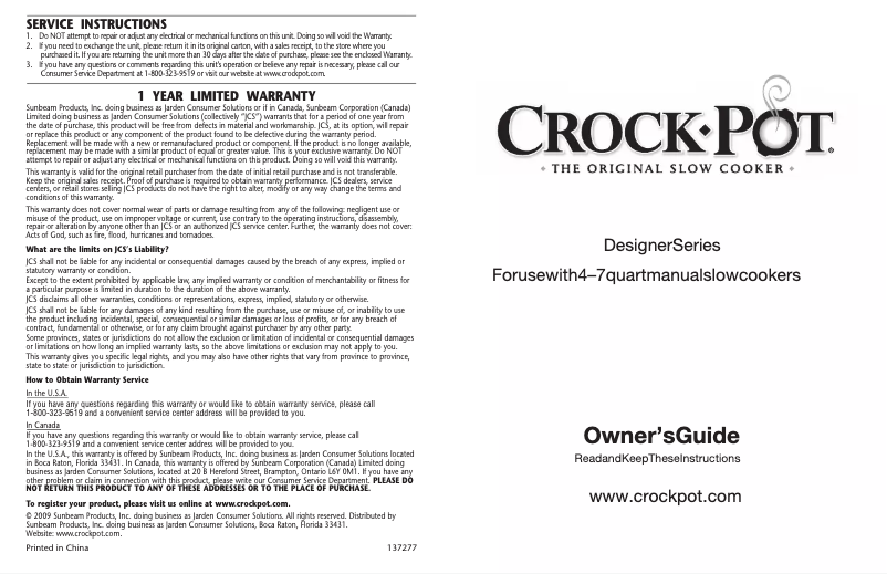 Page n°1 - Manuel utilisateur Crock-Pot Designer SCCPTM600-S