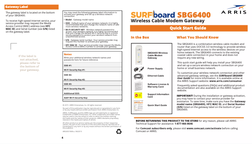 Page 1 de la notice Guide de démarrage rapide Arris SURFboard SBG6400