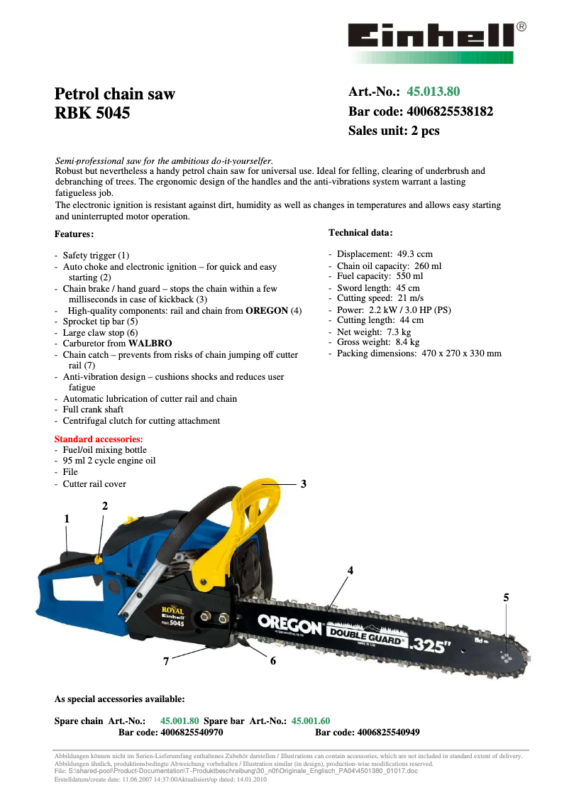 Page n°1 - Manuel utilisateur Einhell Royal RBK 5045
