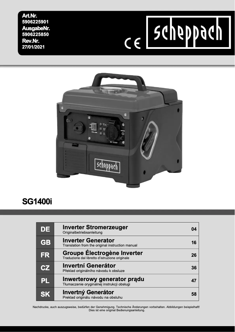 Page n°1 - Manuel utilisateur Scheppach SG1400i