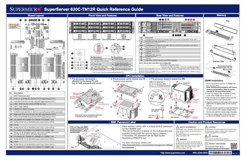 Page 1 de la notice Guide de démarrage rapide Supermicro SuperServer SYS-620C-TN12R