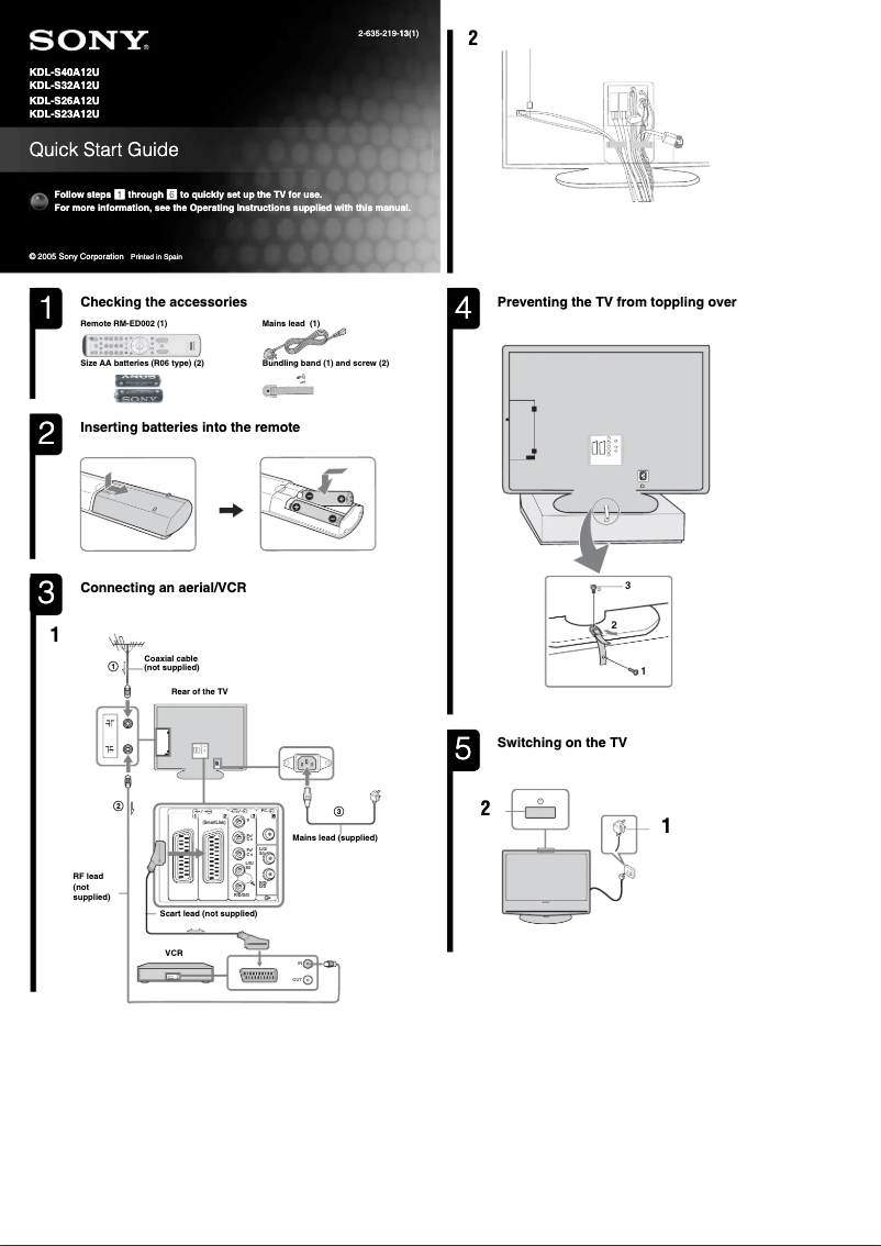 Page 1 de la notice Guide d'installation Sony Bravia KDL-S40A12U