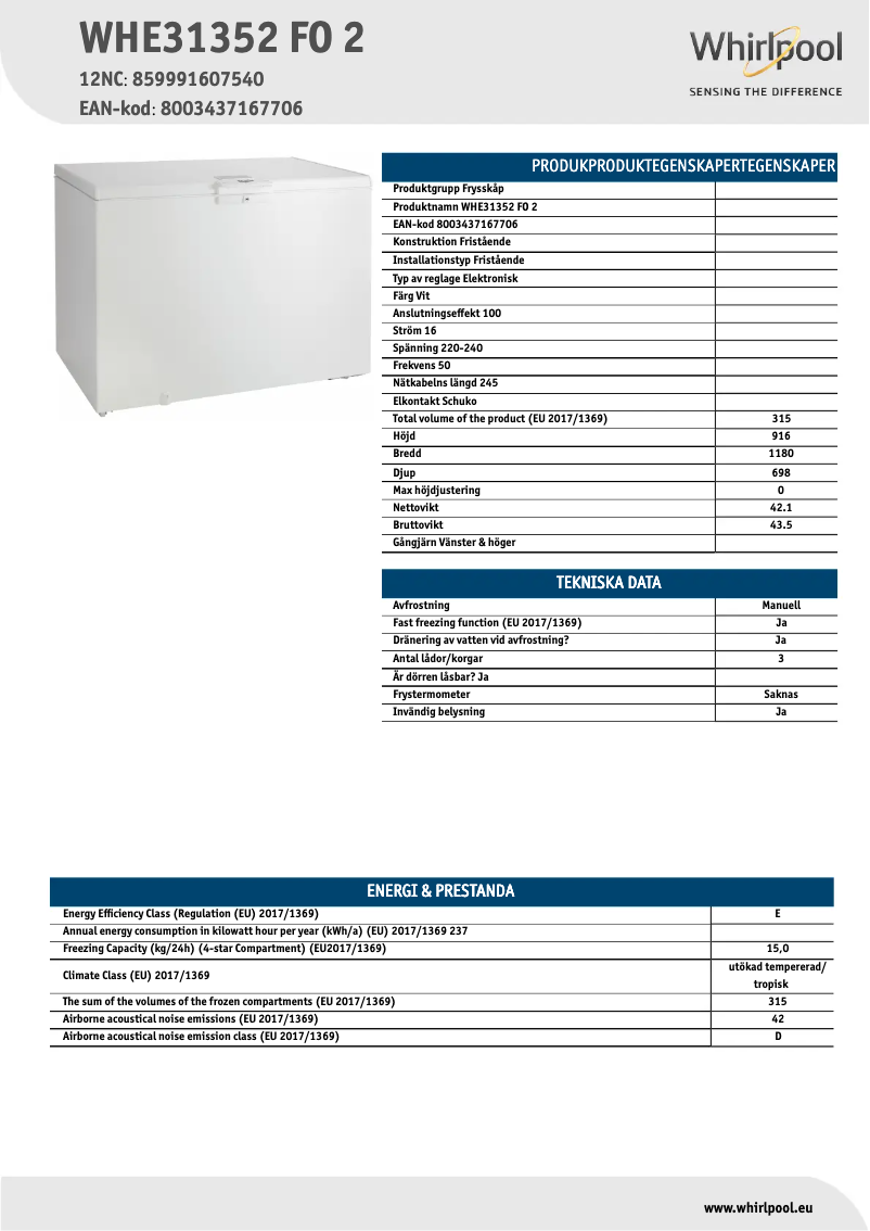 Page 1 de la notice Fiche technique Whirlpool WHE31352 FO 2