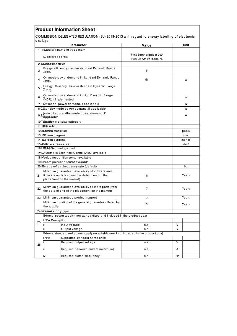 Page 1 of the manual Technical Sheet Philips 43HFL6214U