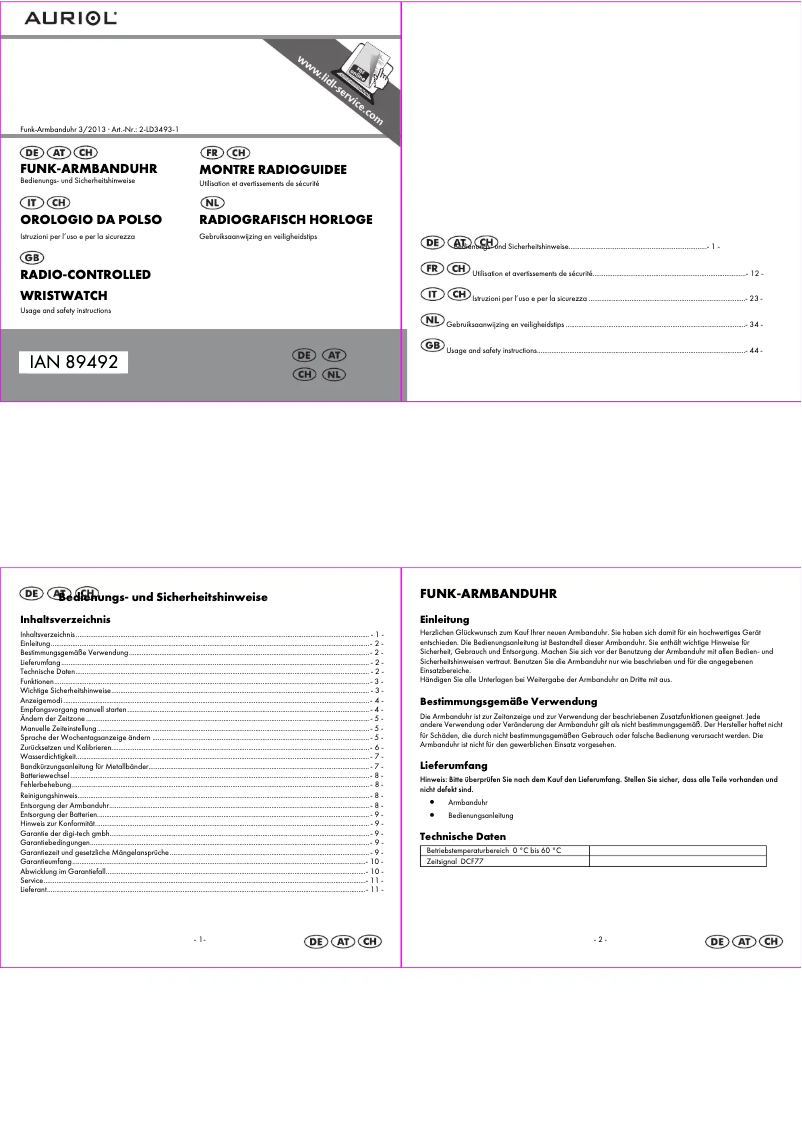 Page 1 de la notice Manuel utilisateur Auriol 2-LD-3493-1
