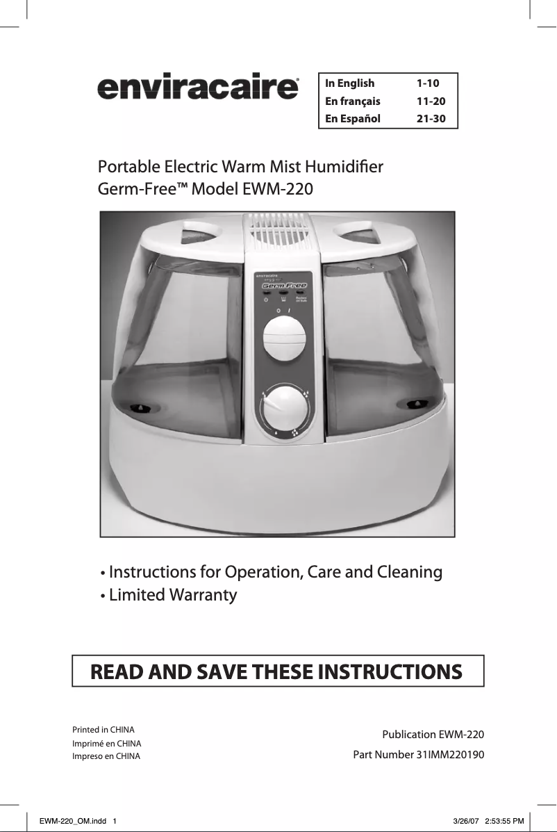 Page n°1 - Manuel utilisateur Enviracaire EWM-220