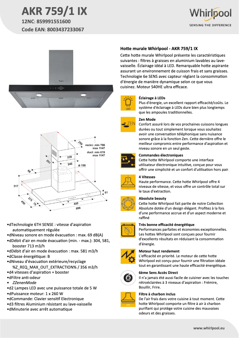 Page 1 de la notice Fiche technique Whirlpool AKR 759/1 IX