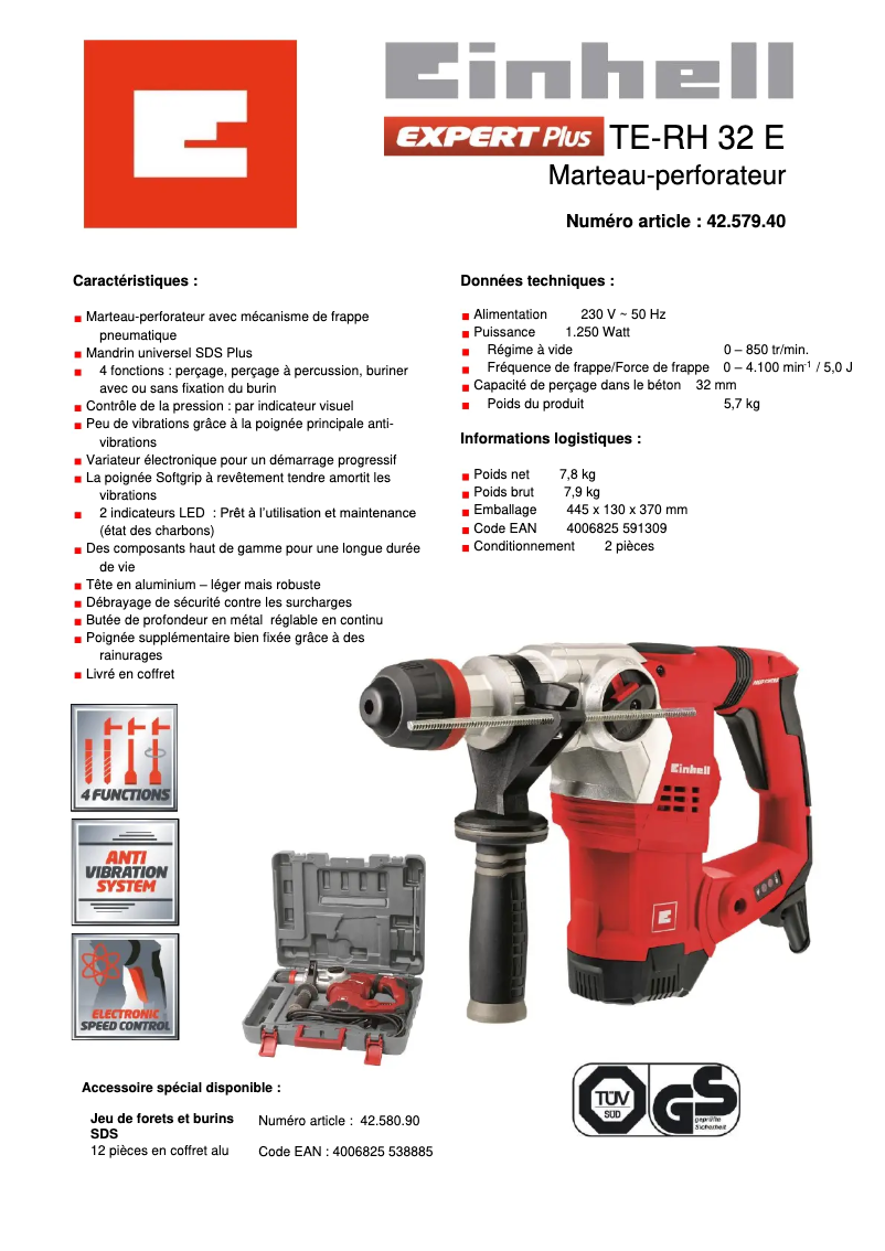 Page n°1 - Fiche technique Einhell TE-RH 32 E