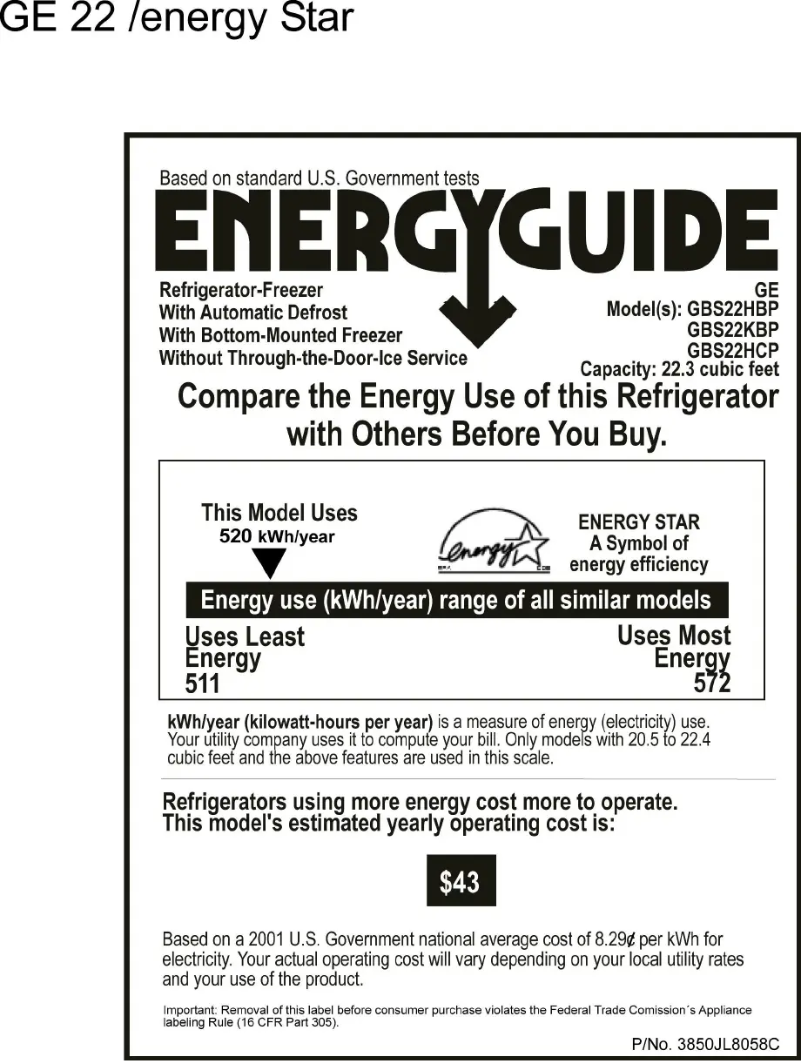 Page n°1 - Label énergétique GE GBS22KBPWW
