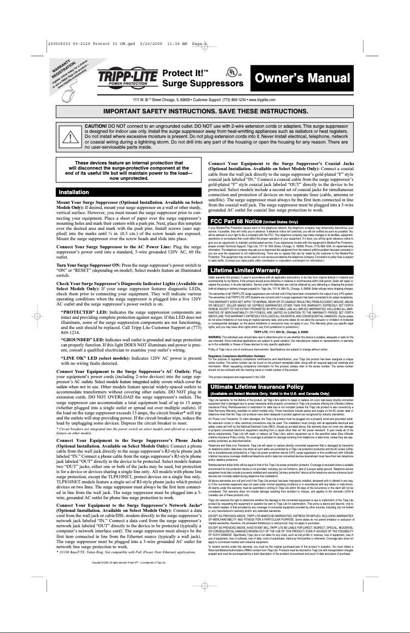 Page n°1 - Manuel utilisateur Tripp Lite Protect It! TLM626