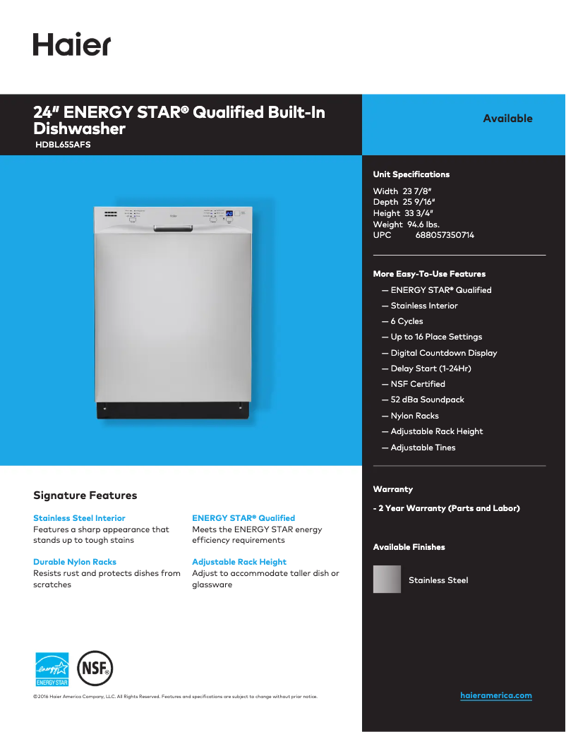 Page n°1 - Fiche technique Haier HDBL655AFS