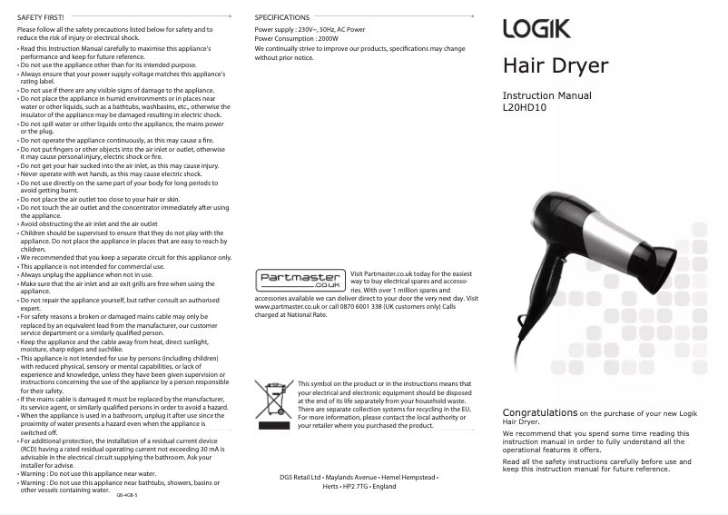 Page 1 de la notice Manuel utilisateur Logik L20HD10