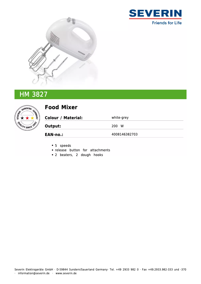 Page n°1 - Fiche technique Severin HM 3827