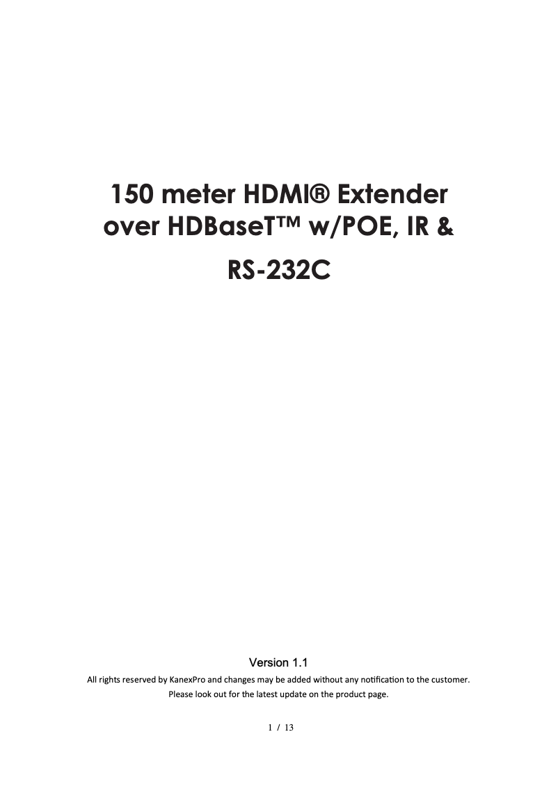 Page n°1 - Manuel utilisateur KanexPro EXT-HDBT150M