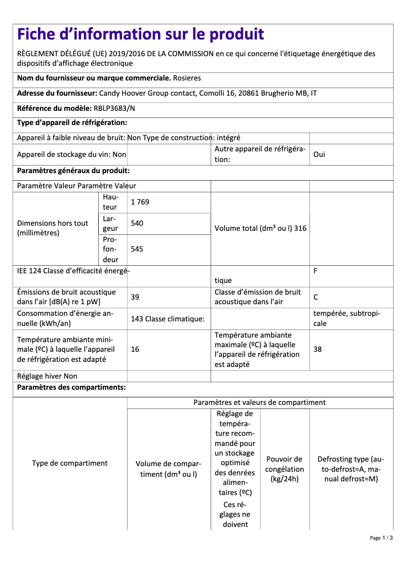 Page 1 de la notice Fiche technique Rosieres RBLP3683/N