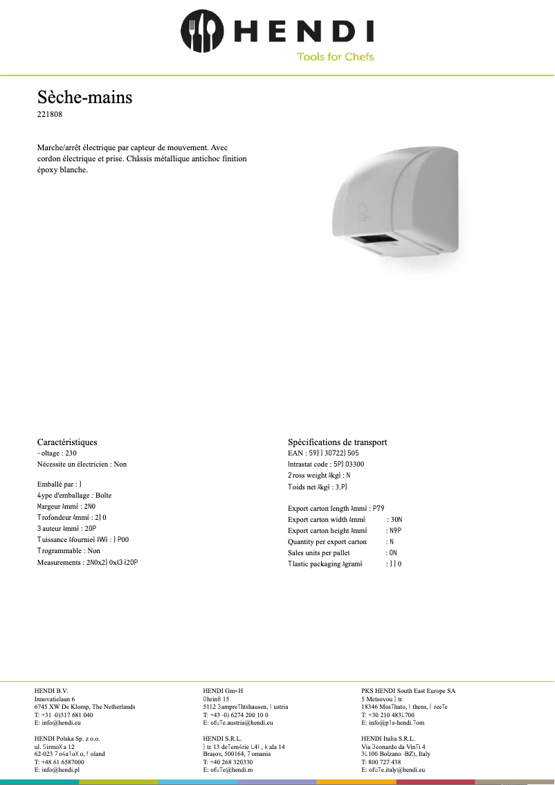 Page 1 de la notice Fiche technique Hendi 221808