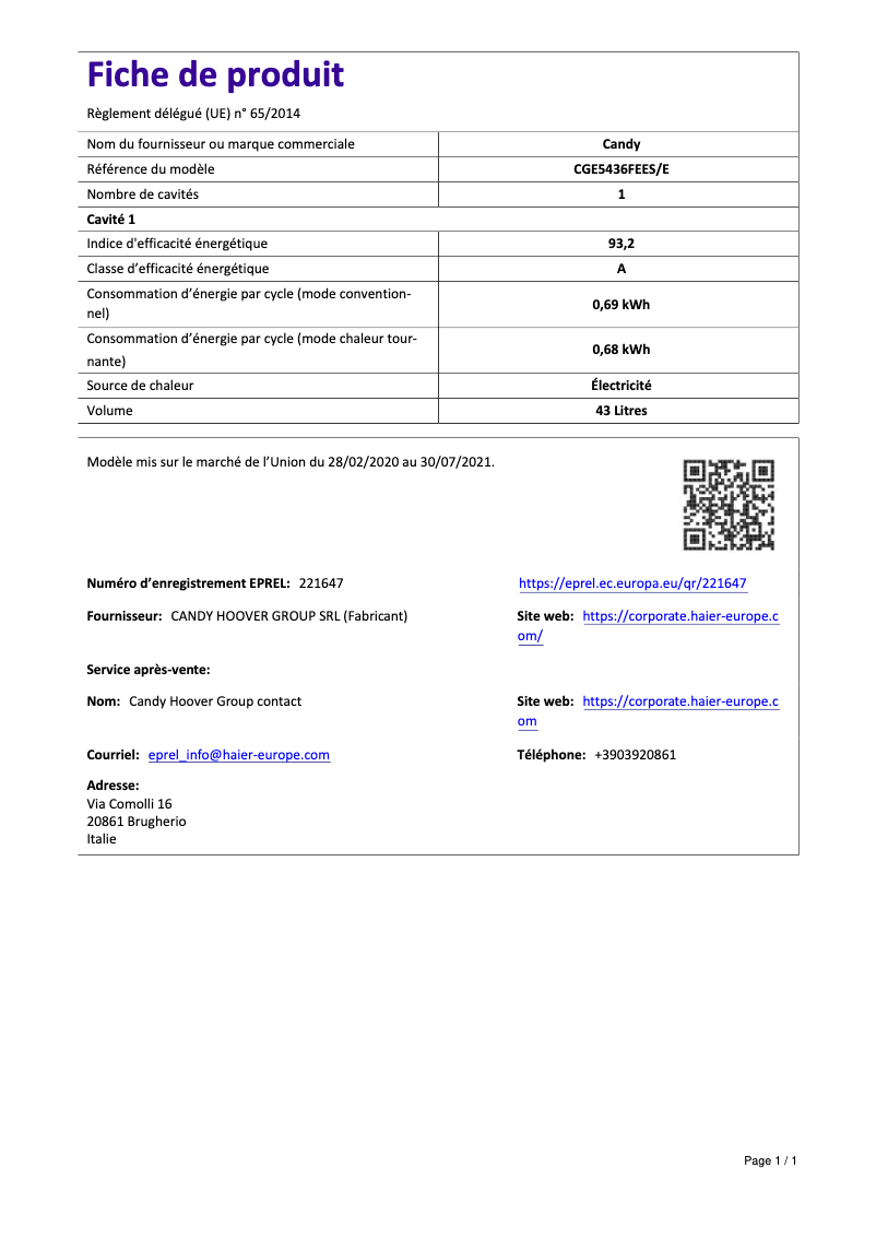 Page 1 de la notice Manuel utilisateur Candy CGE5436FEES/E