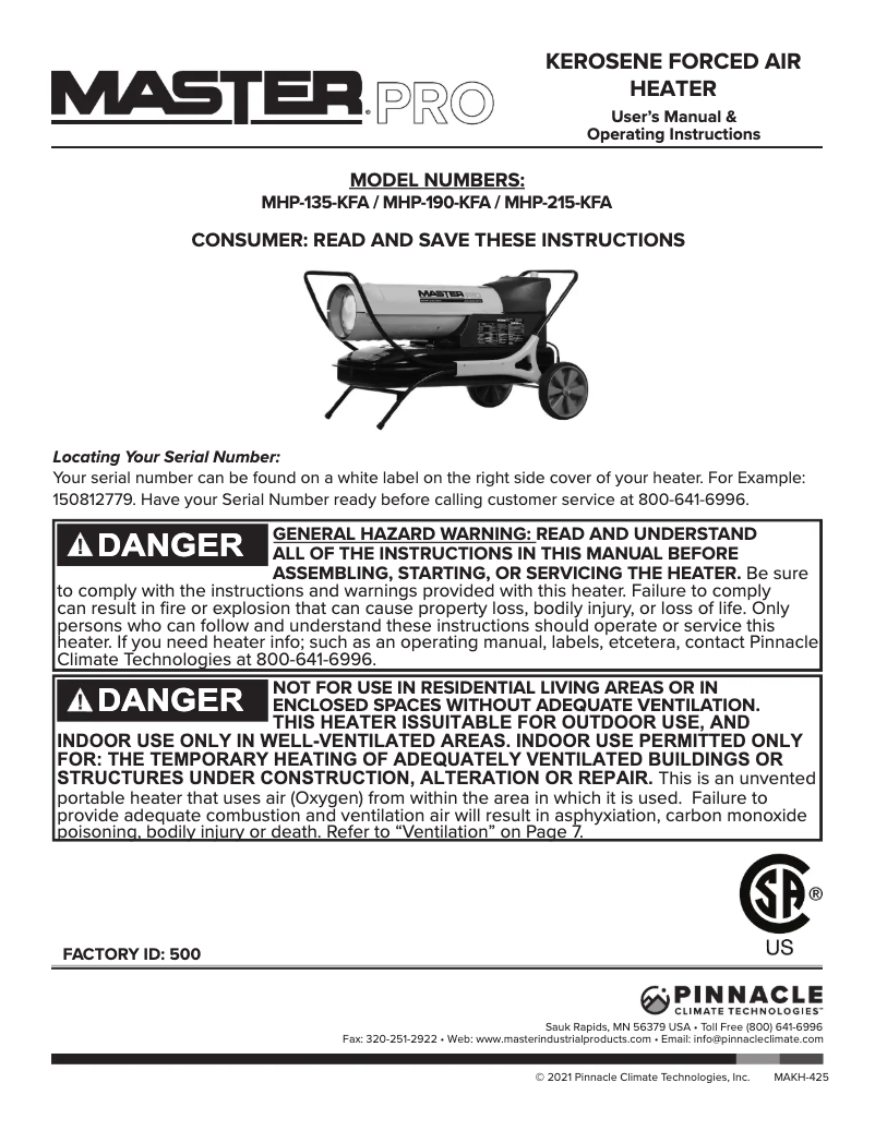 Page 1 de la notice Manuel utilisateur Master MHP-215T-KFA