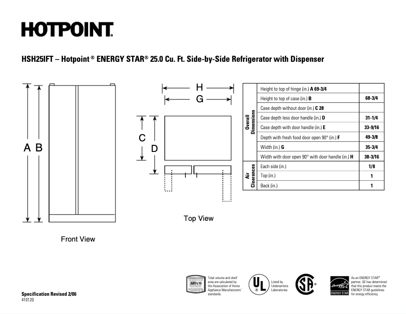 Page 1 de la notice Fiche technique Hotpoint HSH25IFTCC