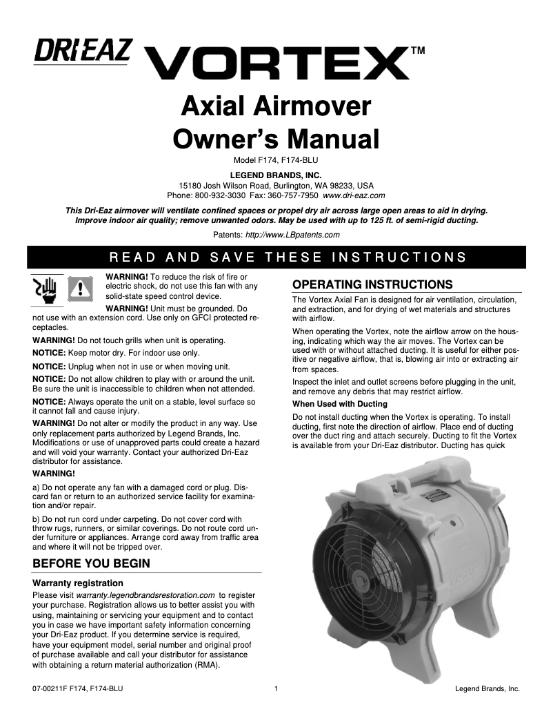 Page 1 de la notice Manuel utilisateur Dri Eaz Vortex