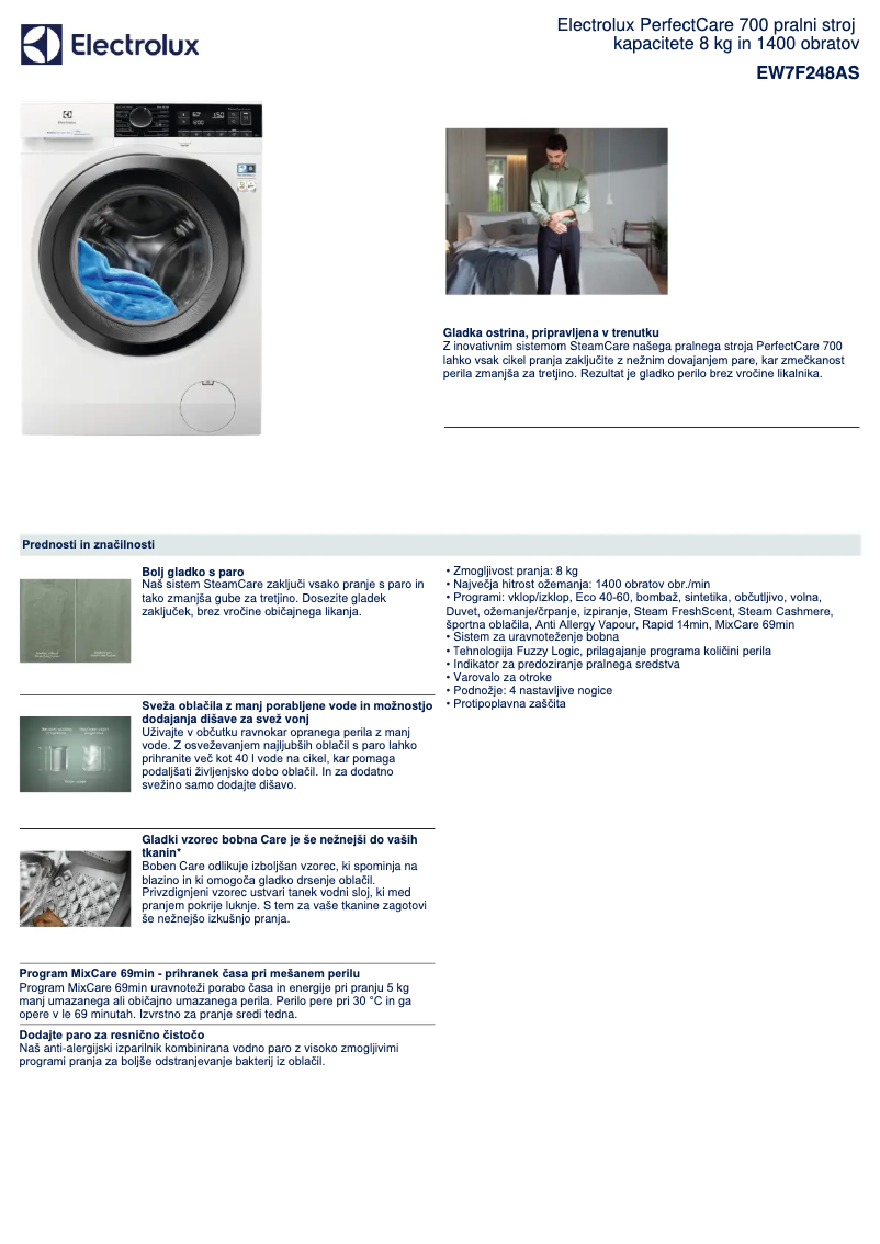 Page 1 de la notice Fiche technique Electrolux EW7F248AS