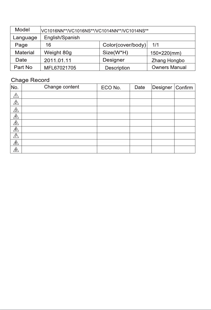 Page 1 de la notice Manuel utilisateur LG VC1014NST