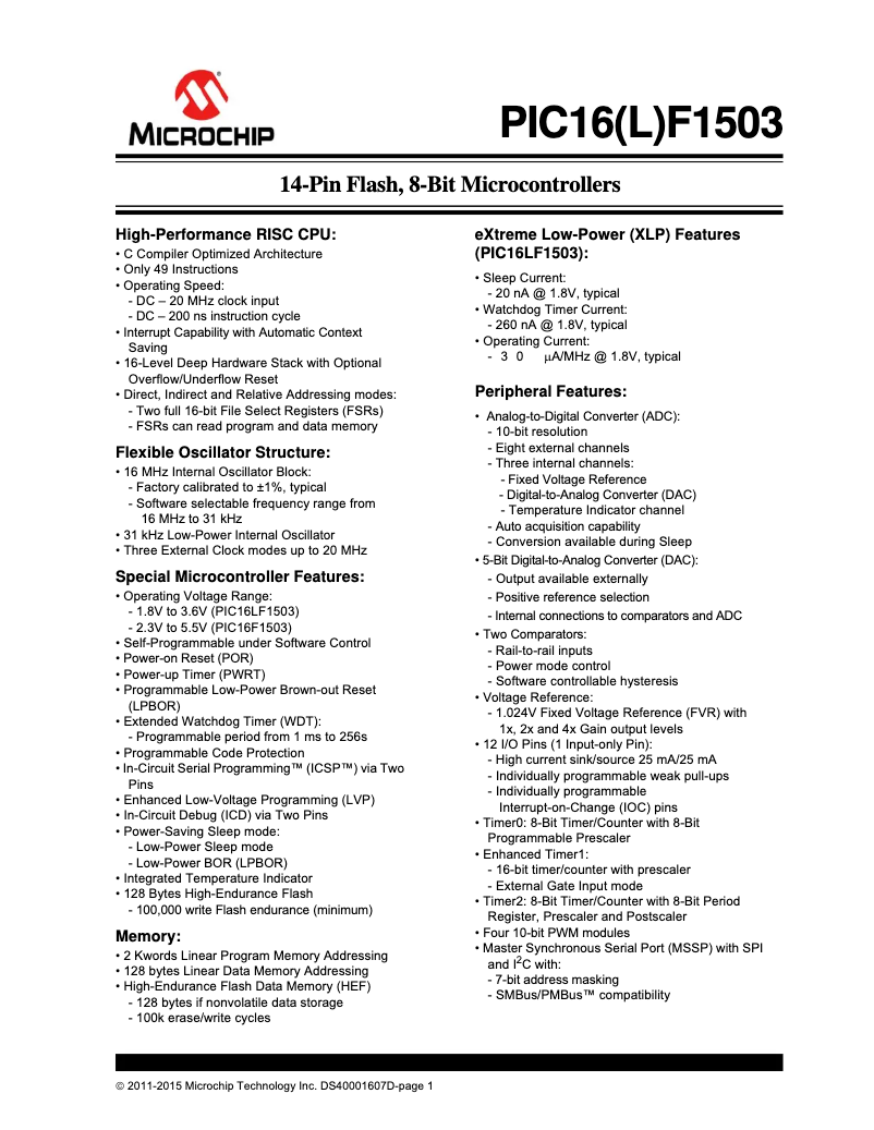 Page 1 de la notice Fiche technique Microchip PIC16F1503