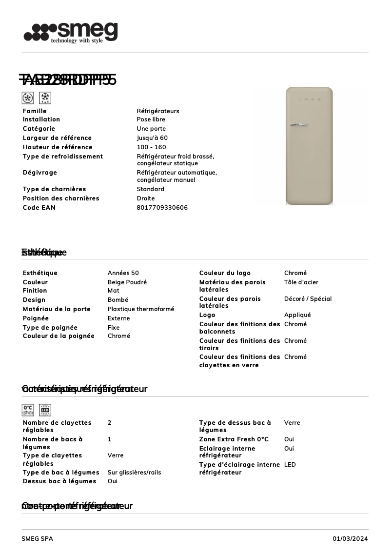 Page 1 de la notice Fiche technique Smeg FAB28RDPP5