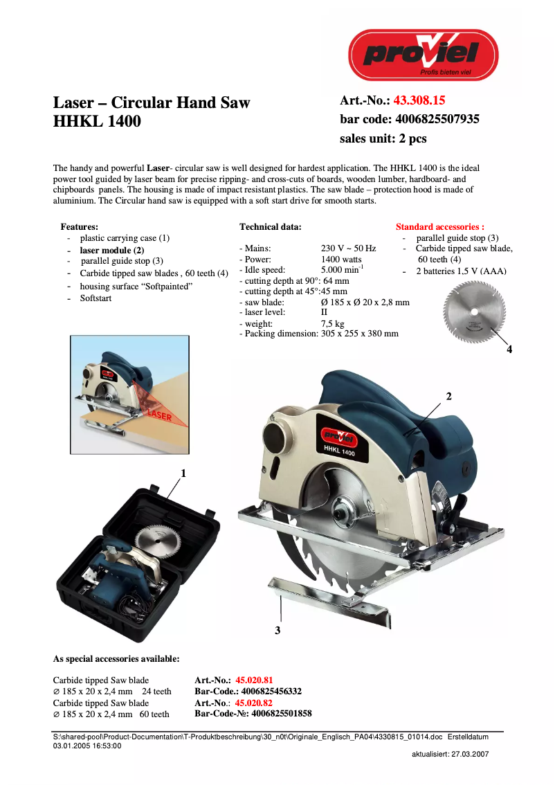 Page n°1 - Manuel utilisateur Proviel HHKL 1400