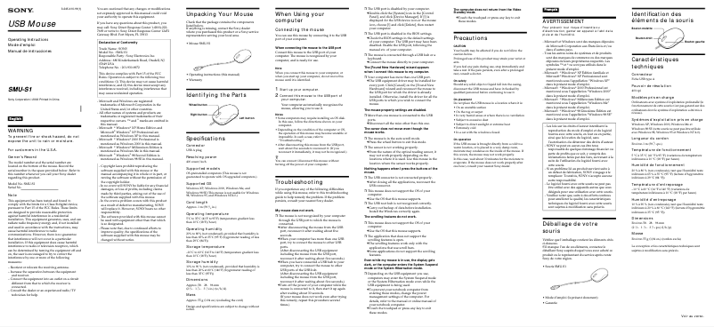 Page 1 de la notice Manuel utilisateur Sony SMU-S1