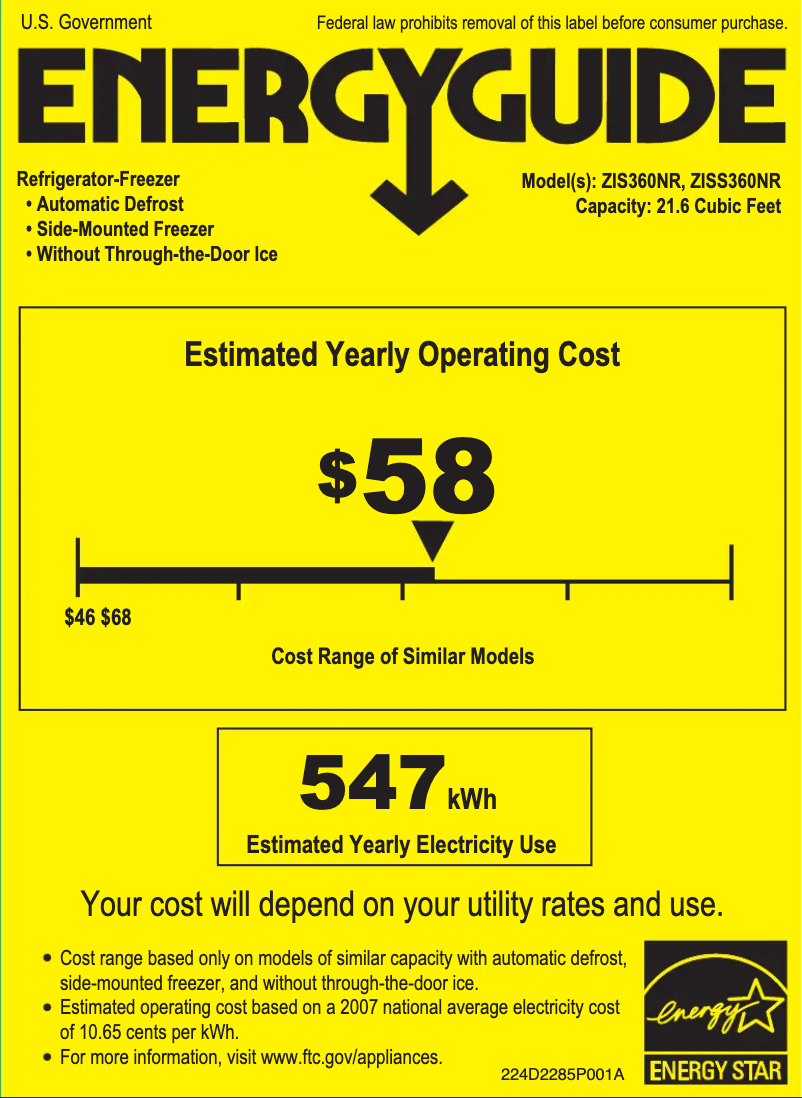 Page 1 de la notice Label énergétique GE ZIS360NR