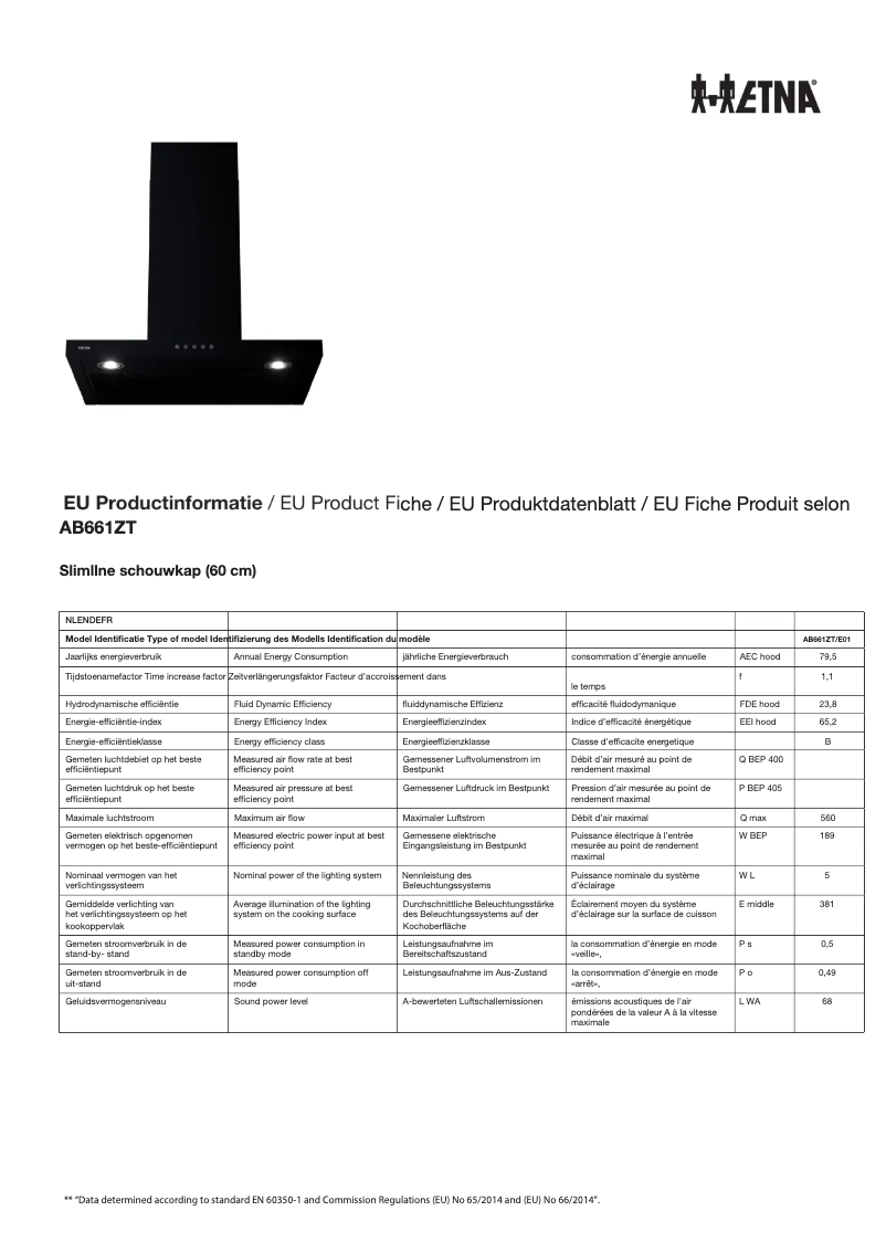 Page 1 de la notice Fiche technique Etna AB661ZT