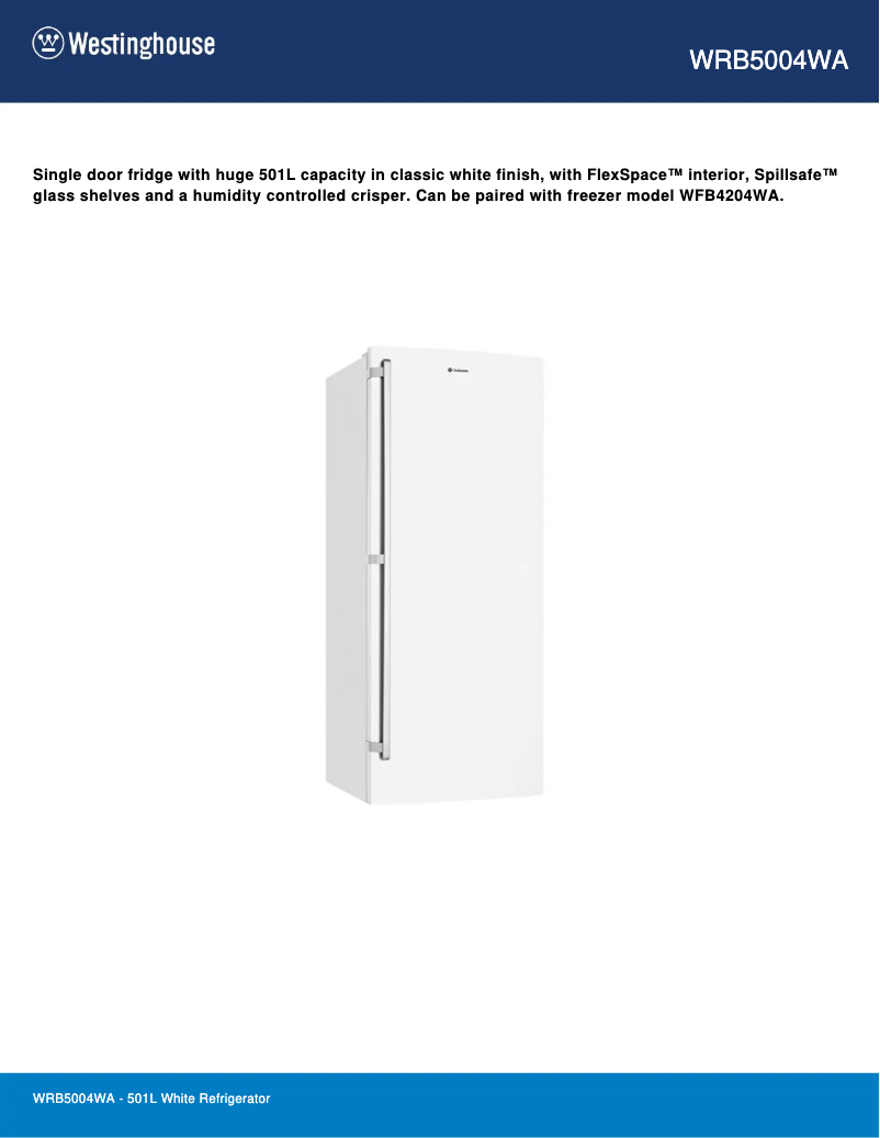 Page 1 de la notice Fiche technique Westinghouse WRB5004WA