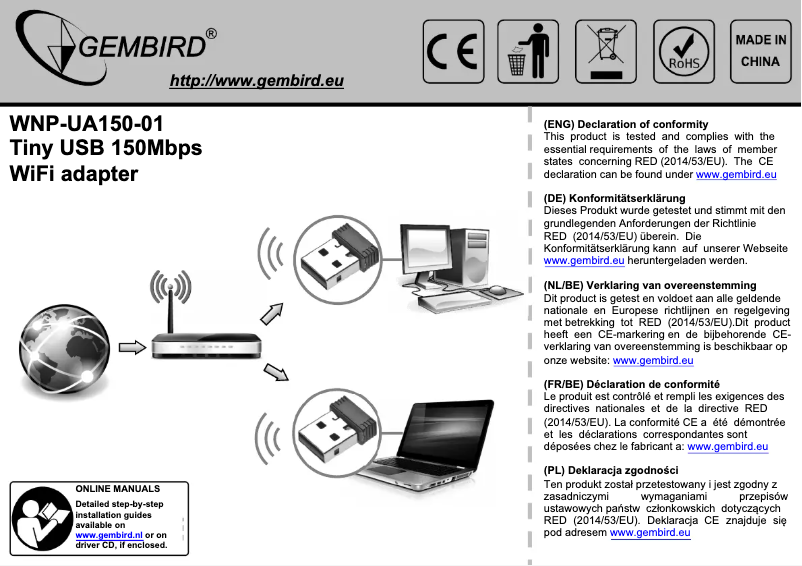 Page 1 de la notice Manuel utilisateur Gembird WNP-UA150-01